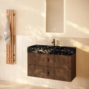 Muebles Murcia badmeubel ribbelfront 100cm walnoot met Portoro Gold wastafel met kraangat