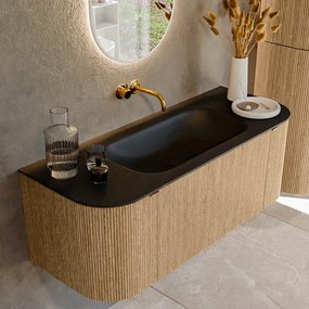 Mondiaz Kurve 120cm badmeubel ronding links/rechts oak met 1 lade en 2 deuren en wastafel big small midden zonder kraangat urban
