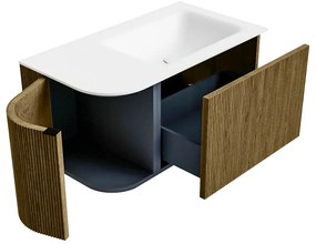 Mondiaz Kurve 85cm badmeubel ronding links dusk met 1 lade en deur en wastafel cloud rechts zonder kraangat