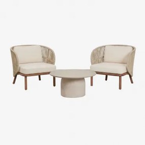 Tuinset Met 2 Stoelen Van Gevlochten Touw Capri En Een Ronde Salontafel Ø75 Cm Van Layana Cement Beige – Crème - Sklum