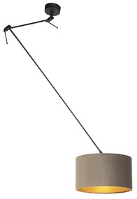 Stoffen Hanglamp zwart met velours kap taupe met goud 35 cm - Blitz Landelijk / Rustiek E27 cilinder / rond rond Binnenverlichting Lamp