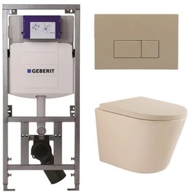 QeramiQ Dely Swirl Toiletset - 36.3x51.7cm - Geberit UP320 inbouwreservoir - met Burda frame - 35 mm zitting - bedieningsplaat taupe - rechthoekige knoppen - beige 0701131/SW1102379/SW1000771/SW1026259