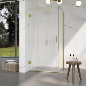 Fortifura Galeria Douchecabine - 90x80x200cm - scharnieren - deurgreep - stabilisatiestang - helder geribbeld - veiligheidsglas - Geborsteld messing PVD (Goud) SW1208821/SW1122564/SW797910/SW797952