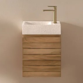 Teakhouten Badkamermeubelset Met Geïntegreerde Wastafel In Napier Cement Teakhout & Spiegelloze & Goud ↑20 Cm Met Aftapkraan - Sklum