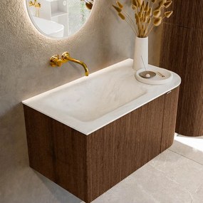 Mondiaz Kurve-dlux 85cm badmeubel ronding rechts walnut met 1 lade en deur en wastafel cloud links zonder kraangat opalo