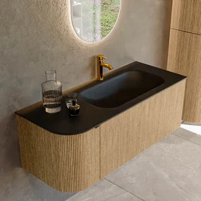 Mondiaz Kurve 115cm badmeubel ronding links oak met 1 lade en deur en wastafel big small kraangat rechts urban