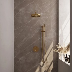 Brauer Stripe inbouw regendouche rond met 25cm hoofddouche, rond met gebogen muurarm, glijstang en staafhanddouche set 44 messing geborsteld PVD