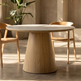 Ronde Eettafel Eiken En Wit Marmer - 115 X 115cm.
