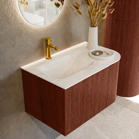 Mondiaz Kurve-dlux 75cm badmeubel ronding rechts ruby met 1 lade en deur en wastafel grunne kraangat links ostra
