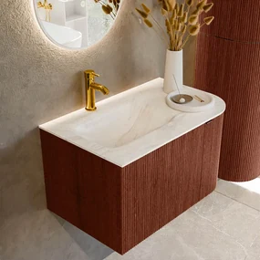 Mondiaz Kurve-dlux 75cm badmeubel ronding rechts ruby met 1 lade en deur en wastafel grunne kraangat links ostra