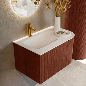 Mondiaz Kurve 75cm badmeubel ronding rechts ruby met 1 lade en deur en wastafel grunne kraangat links