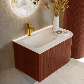 Mondiaz Kurve 75cm badmeubel ronding rechts ruby met 1 lade en deur en wastafel grunne kraangat links
