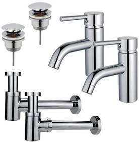Fortifura Calvi Wastafelkraanset - voor dubbele wastafel - lage wastafelkraan - klikwaste plug - verlaagde design sifon - Chroom 2x SW377810/2x SW696203/2x SW696219