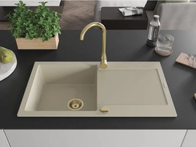 Mexen Leo granieten gootsteen met 1 bak en afdruiprek 900 x 500 mm, beige, gouden sifon - 6501901010-69-G