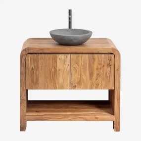 Vacry Houten Badkamermeubelset Acacia Bruin & Rond Grijs Cement Ø40 Cm Tarsis & Spiegelloze & Mat Zwart ↑30 Cm Met Afvoerkraan Zonder Overloop Orveta