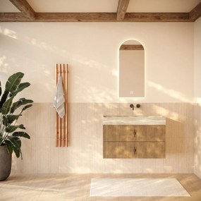 Muebles Murcia badmeubel ribbelfront 100cm eiken met White Travertin wastafel zonder kraangat