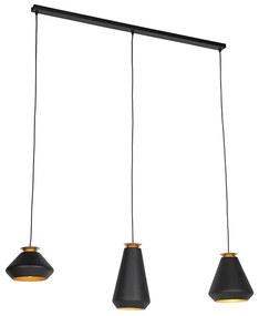 QAZQA Eettafel / Eetkamer Moderne hanglamp 3-lichts zwart met goud balk - Mia Design, Modern E27 Binnenverlichting Lamp