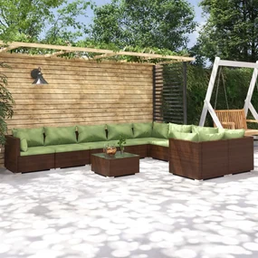 vidaXL 10-delige Loungeset met kussens poly rattan bruin