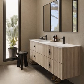 Muebles Avila badmeubel ribbelfront 160cm naturel eiken met dubbele wastafel met kraangaten