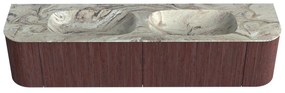 Mondiaz Kurve-dlux 190cm badmeubel ronding links/rechts ruby met 2 lades en deuren en wastafel stor small dubbel zonder kraangat glace