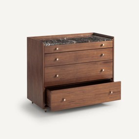 Ladekast met 4 laden, walnootfineer en amber marmer, Noham