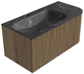 Mondiaz Kurve-dlux 95cm badmeubel ronding rechts dusk met 1 lade en deur en wastafel big small kraangat links lava