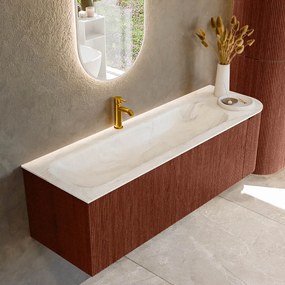 Mondiaz Kurve-dlux 145cm badmeubel ronding rechts ruby met 1 lade en deur en wastafel big large kraangat links ostra