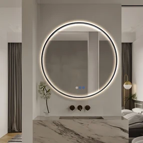 Saniclear Circle Black ronde spiegel met verwarming, direct en indirect licht mat zwart 90cm