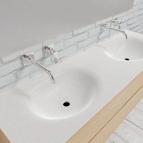 Zaro Sevilla Solid Surface badmeubel 150cm licht eiken zonder kraangat dubbele spoelbak met 2 lades