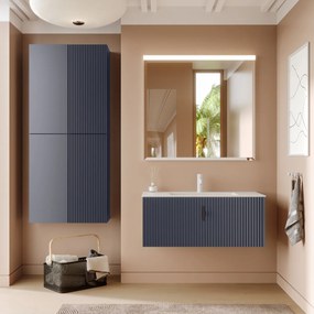 Muebles Raya badmeubel ribbelfront 100cm marine blauw met witte wastafel met kraangat