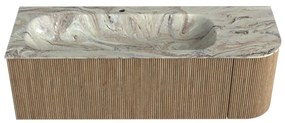 Mondiaz Kurve-dlux 135cm badmeubel ronding rechts dusk met 1 lade en deur en wastafel big medium kraangat links glace