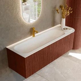 Mondiaz Kurve 145cm badmeubel ronding rechts ruby met 1 lade en deur en wastafel big large kraangat links