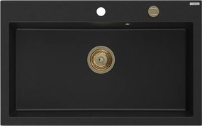 Mexen Elix granieten gootsteen met 1 bak 800 x 500 mm, zwart, gouden sifon - 6527801005-77-G
