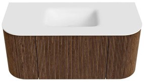 Mondiaz Kurve 100cm badmeubel ronding links/rechts walnut met 1 lade en 2 deuren en wastafel grunne midden 1 kraangat