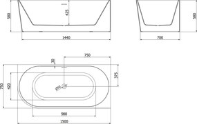 Mexen Mia vrijstaande hoekbadkuip rechts 150 x 75 cm, wit, chrom overloop - 52691507500P-01