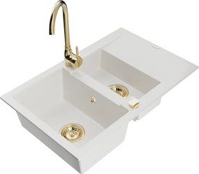 Mexen Gaspar granitische spoelbak met 1,5 kommen met afdruiprek en keukenmengkraan Telma, wit - 6507-20-670200-50