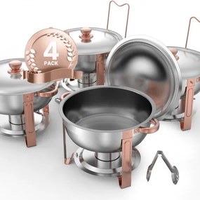 VEVOR Chafing Dish Buffetvoedselwarmer met 4 grote containers (elk 4,7 l), ronde cateringwarmtedispenser met deksel, waterpan en opvouwbare standaard, voor bruiloften en feesten, roségoud