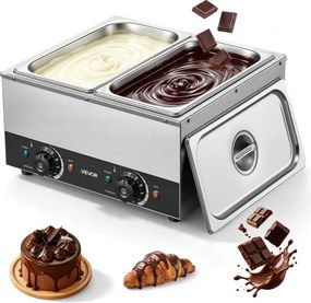 VEVOR Chocoladesmeltmachine met 2 verwijderbare roestvrijstalen containers, 800+800 W, voor bakkerijen en restaurants, aparte temperatuurregeling voor elke container, 30–85 °C, droogloopbeveiliging, chocoladetempermachine