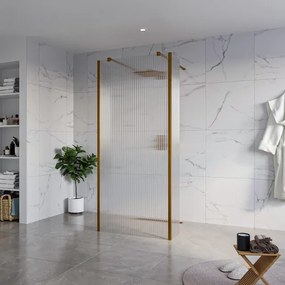 Fortifura Galeria Vrijstaande Inloopdouche - 90x200cm - Helder geribbeld - antikalk - 8mm veiligheidsglas - 2 zijwanden 30cm - wandsteunen en hoekprofielen - Geborsteld koper PVD (Koper) SW927772 2x/SW797951/SW797945 2x/SW876703 2x