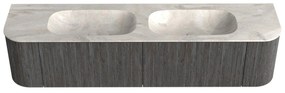 Mondiaz Kurve-dlux 190cm badmeubel ronding links/rechts shadow met 2 lades en deuren en wastafel stor small dubbel zonder kraangat ostra