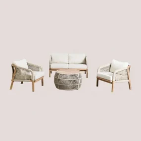 Tuinset Met 2-zitsbank, Twee Fauteuils En Salontafel In Acaciahout En Gevlochten Touw Dubai Gardenia Wit & Rustiek Acaciabruin - Sklum