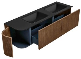 Mondiaz Kurve 155cm badmeubel ronding links walnut met 2 lades en 1 deur en wastafel cloud dubbel/rechts 2 kraangaten urban