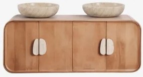 Dubbel Zwevend Badkamermeubelset 130x45 Cm Van Mangohout En Natuurlijke Kivalina-steen Travertijn - Mangohout & 2 X Ronde Travertijn Ø40 Cm Eskel -