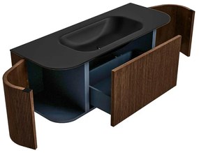 Mondiaz Kurve 120cm badmeubel ronding links/rechts walnut met 1 lade en 2 deuren en wastafel big small midden 1 kraangat urban