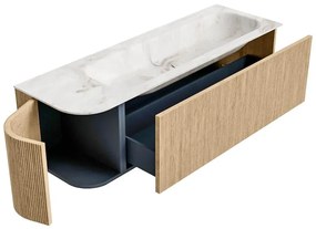 Mondiaz Kurve-dlux 145cm badmeubel ronding links oak met 1 lade en deur en wastafel big large rechts 2 kraangaten frappe