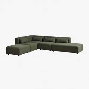 4-delige Modulaire Hoekbank Met Chaise Longue Rechts En Fogler Poef Chenille Groen – Salie - Sklum