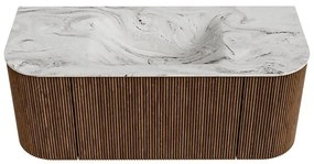 Mondiaz Kurve-dlux 110cm badmeubel ronding links/rechts walnut met 1 lade en 2 deuren en wastafel cloud midden 1 kraangat glace