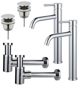 Fortifura Calvi Wastafelkraanset - voor dubbele wastafel - verhoogde wastafelkraan - klikwaste plug - verlaagde design sifon - Chroom 2x SW377811/2x SW696203/2x SW696219