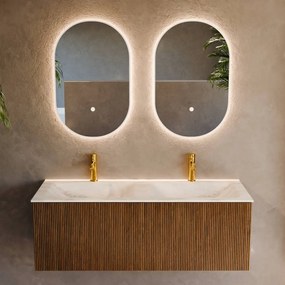 Mondiaz Kurve-dlux 120cm badmeubel dusk met 1 lade en wastafel leaf dubbel 2 kraangaten opalo