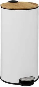 5Five Pedaalemmer - 30 Liter - Wit Metaal - Bamboe Deksel